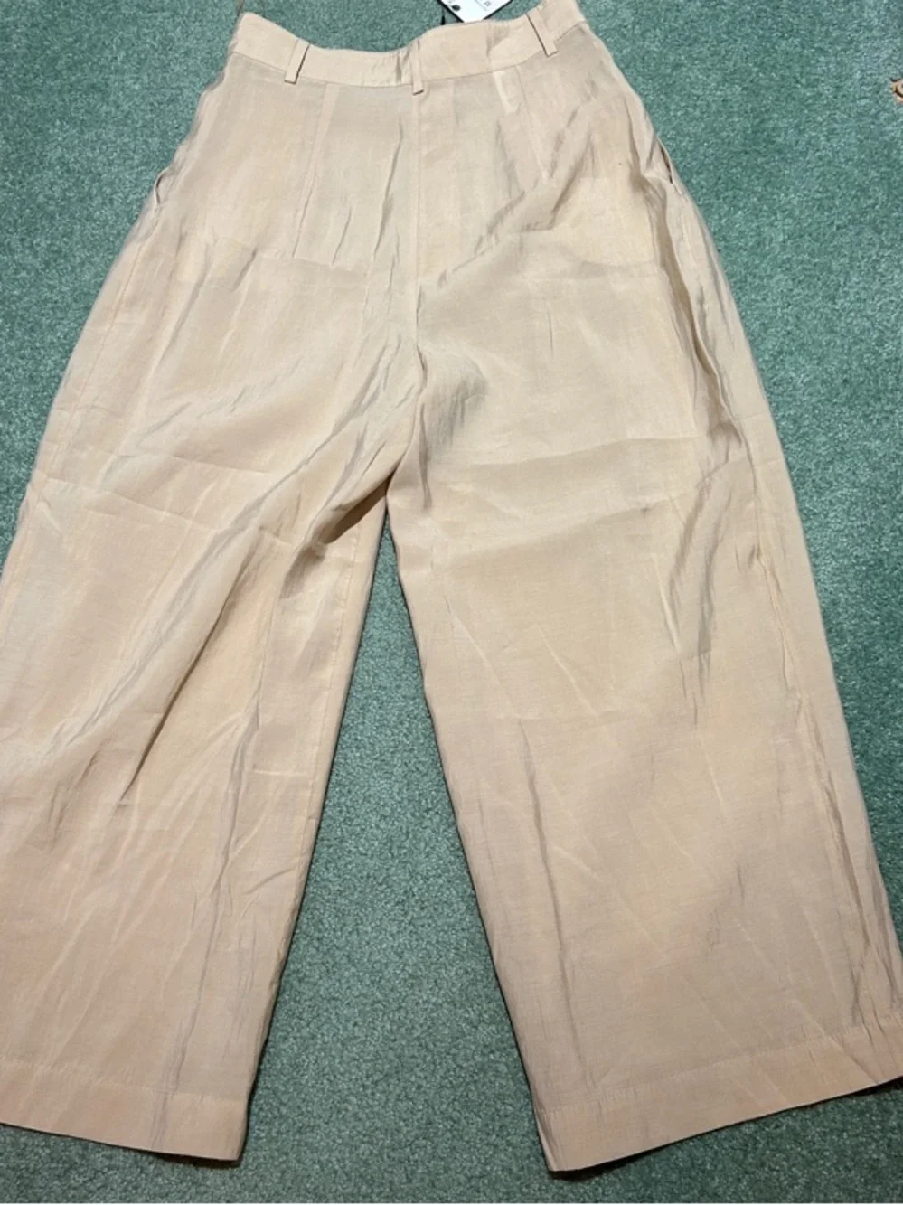 NWT Zara High Waisted Pleated Wide-Leg Linen-Blend Trousers - Beige